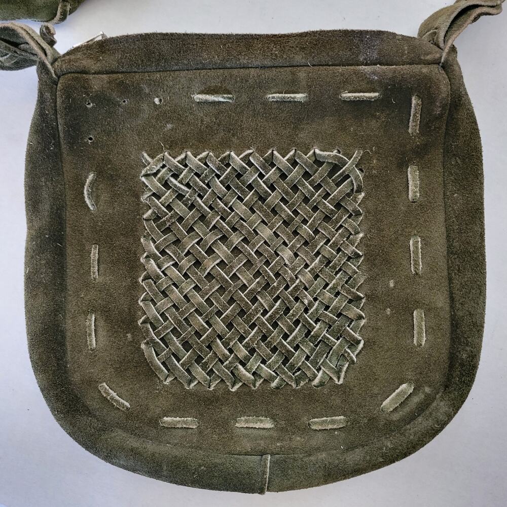 Vintage 60s Olive Green Suede Purse Satchel Woven Zip Top Handmade Boho 9 x 8.5